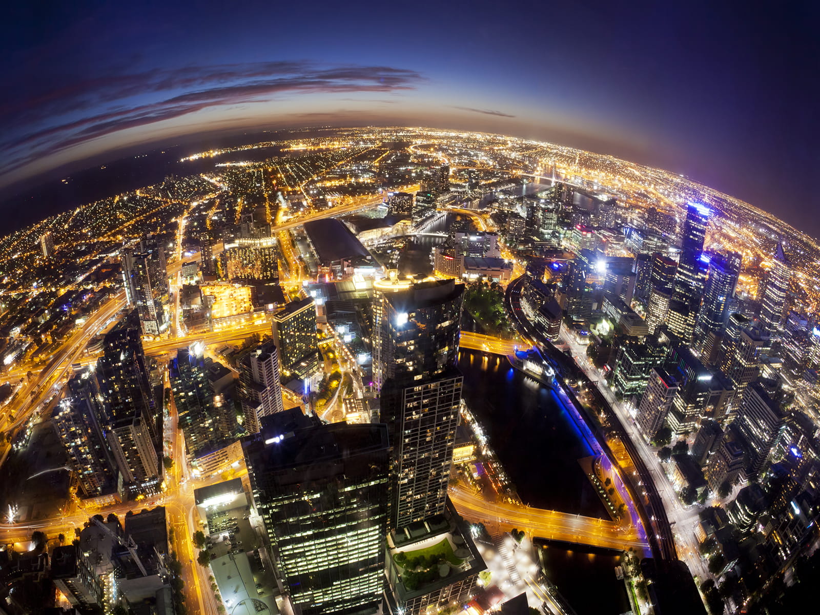 Melbourne at night, fisheye view of city lights