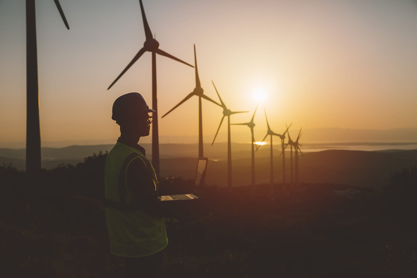 Engineer with laptop against back drop of wind turbines and sunset